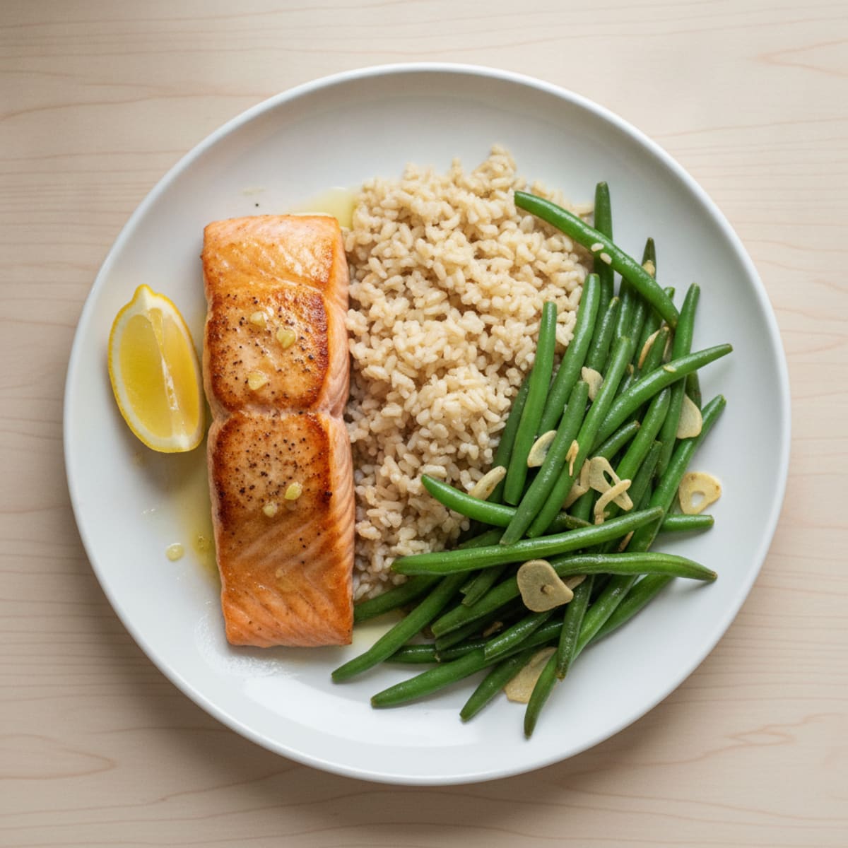 Seared Salmon with Garlic Green Beans and Brown Rice