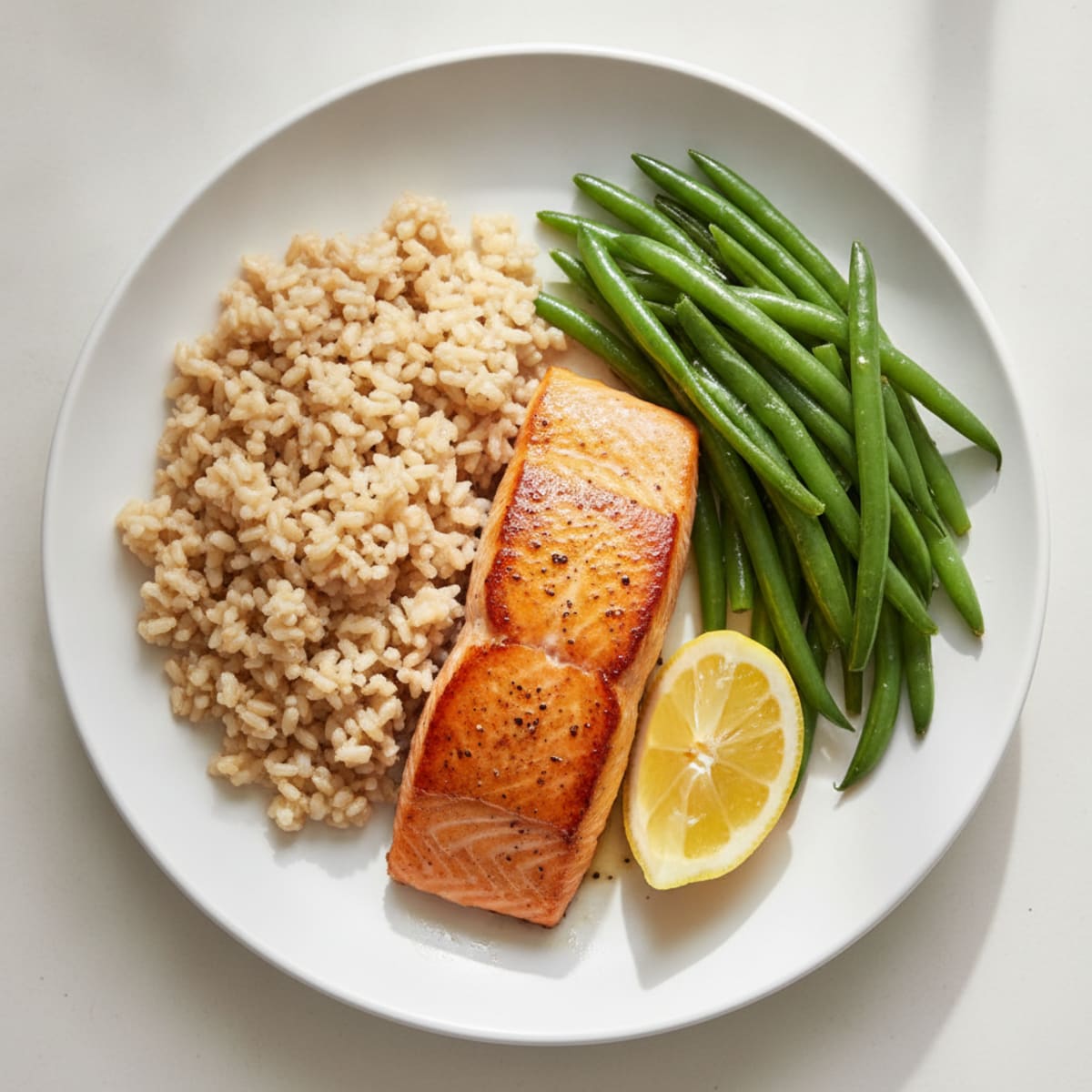 Seared Salmon with Steamed Green Beans and Brown Rice