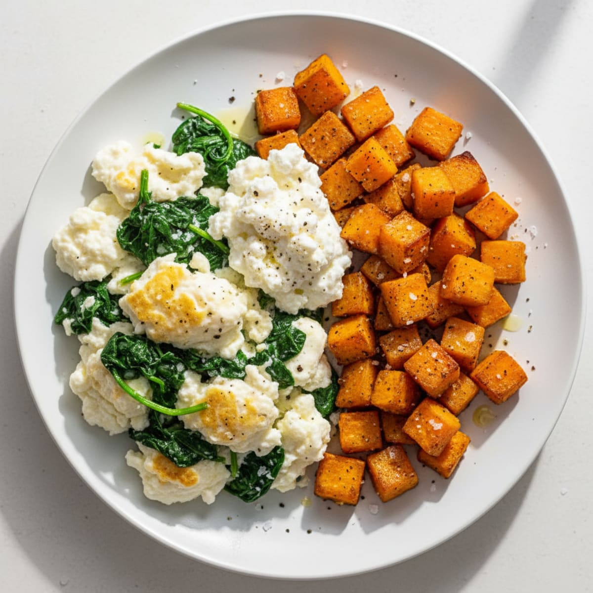 Egg White and Spinach Scramble with Cottage Cheese and Sautéed Sweet Potatoes