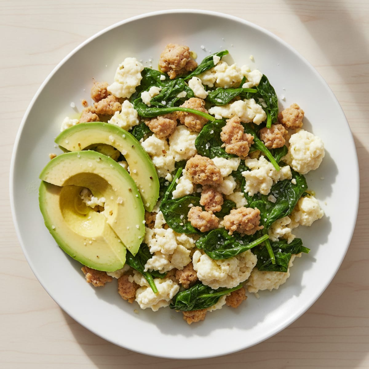 Egg White Scramble with Turkey Sausage and Sautéed Spinach