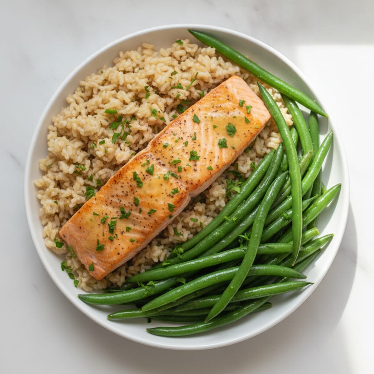 Seared Salmon with Steamed Green Beans and Lemon-Herb Rice