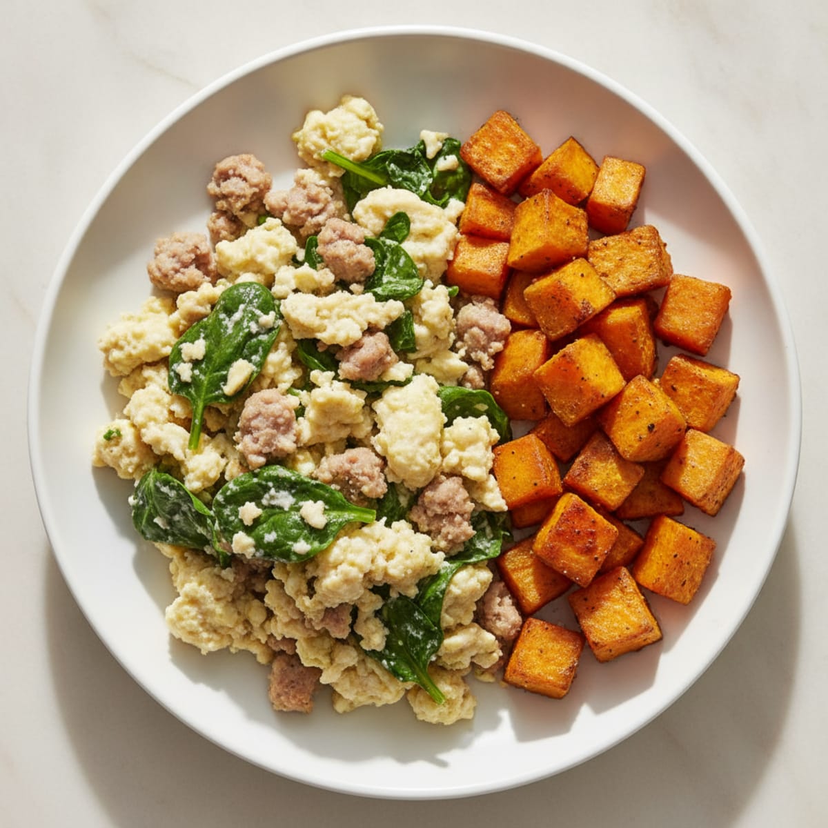Egg White and Turkey Sausage Scramble with Spinach and Roasted Sweet Potato