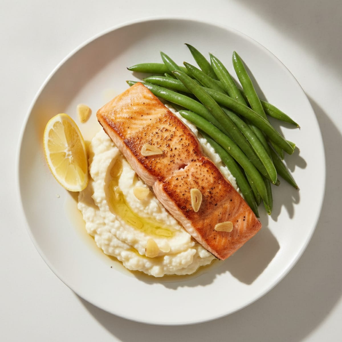 Seared Salmon Fillet with Steamed Green Beans and Garlic Mashed Cauliflower