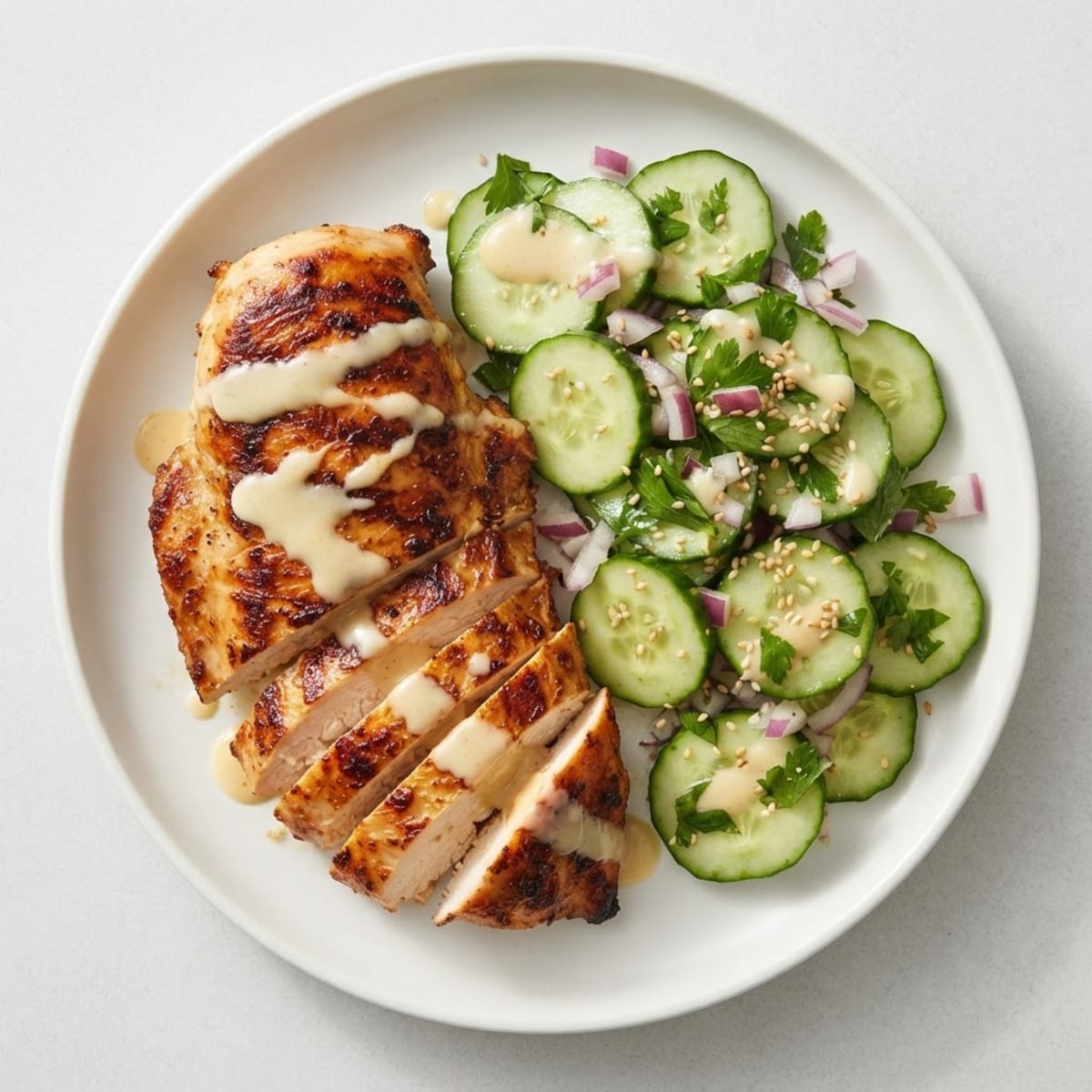 Seared Chicken Breast with Crunchy Cucumber Salad and Lemon Tahini Dressing