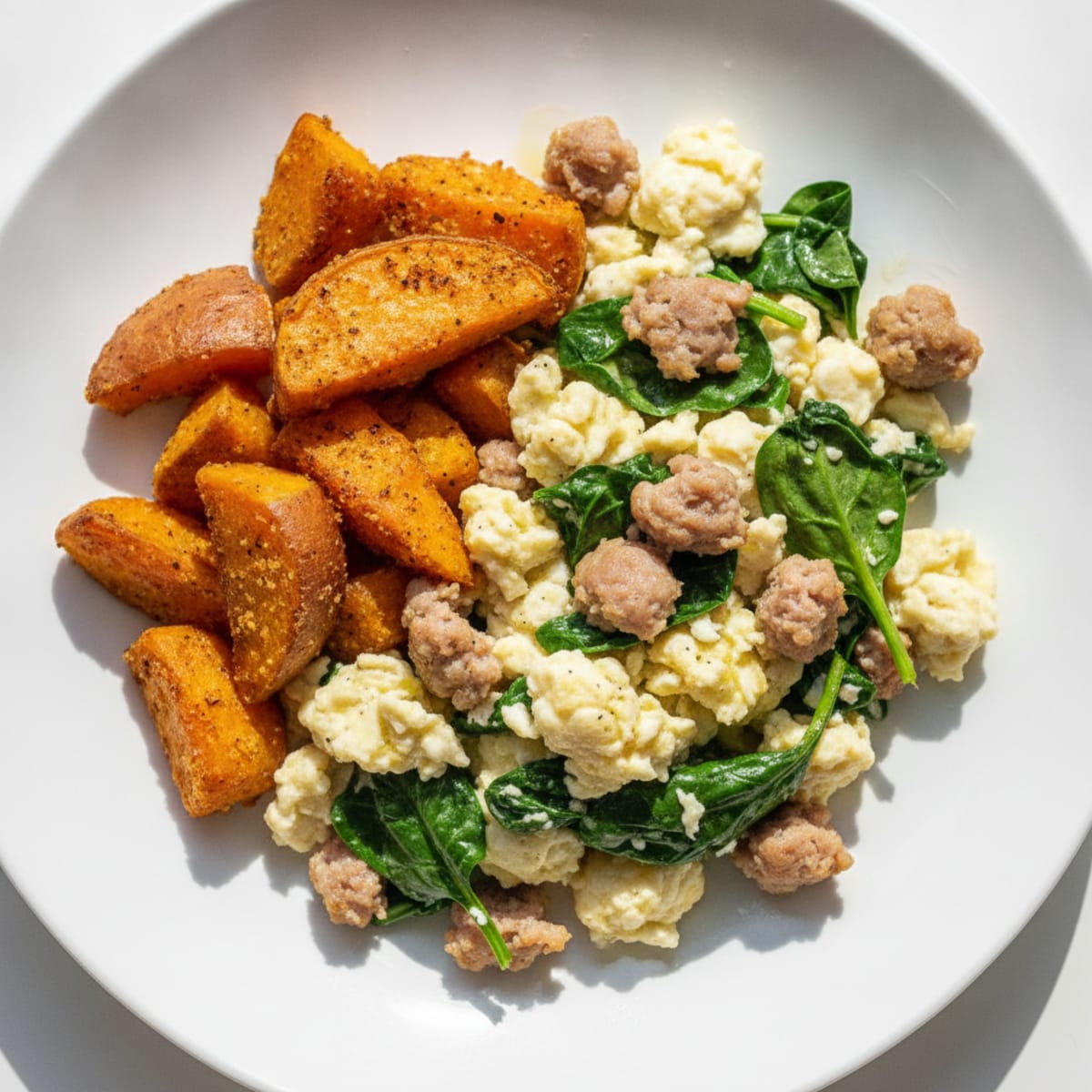 Egg White and Turkey Sausage Scramble with Spinach and Roasted Sweet Potatoes