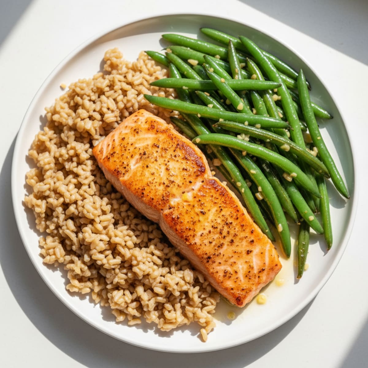 Seared Salmon Fillet with Garlic Green Beans and Brown Rice