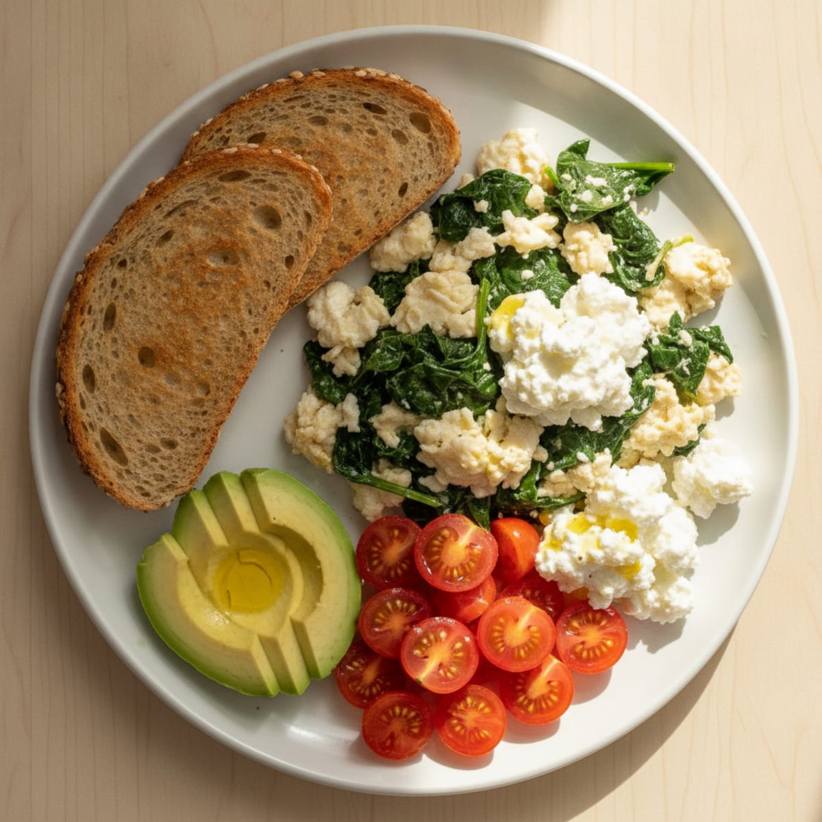 Egg White Spinach Scramble with Cottage Cheese and Cherry Tomatoes