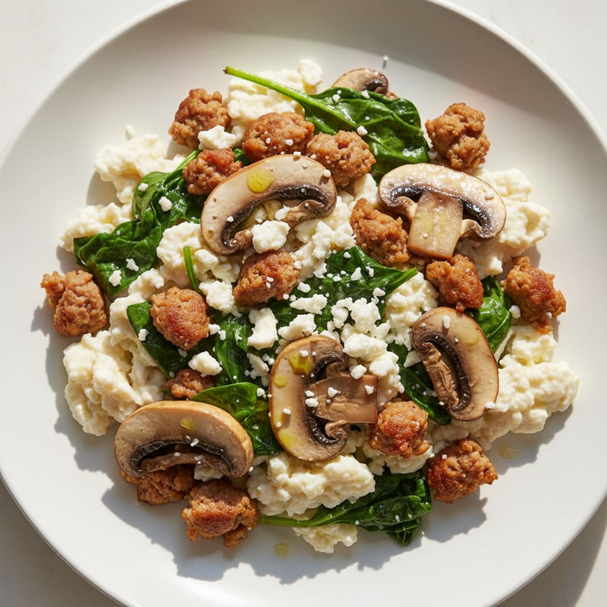 Egg White Spinach Scramble with Turkey Sausage and Sautéed Mushrooms