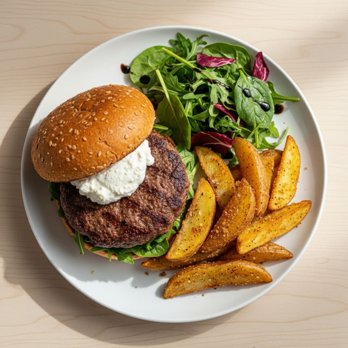 Lean Beef Burger with Oven-Baked Crispy Fries and Mixed Greens