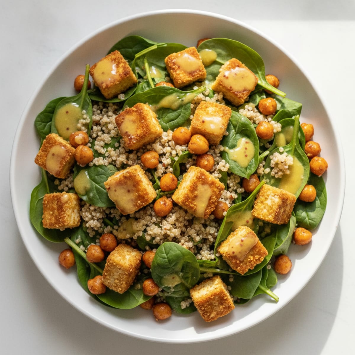 Crispy Tofu and Quinoa Power Salad with Roasted Chickpeas