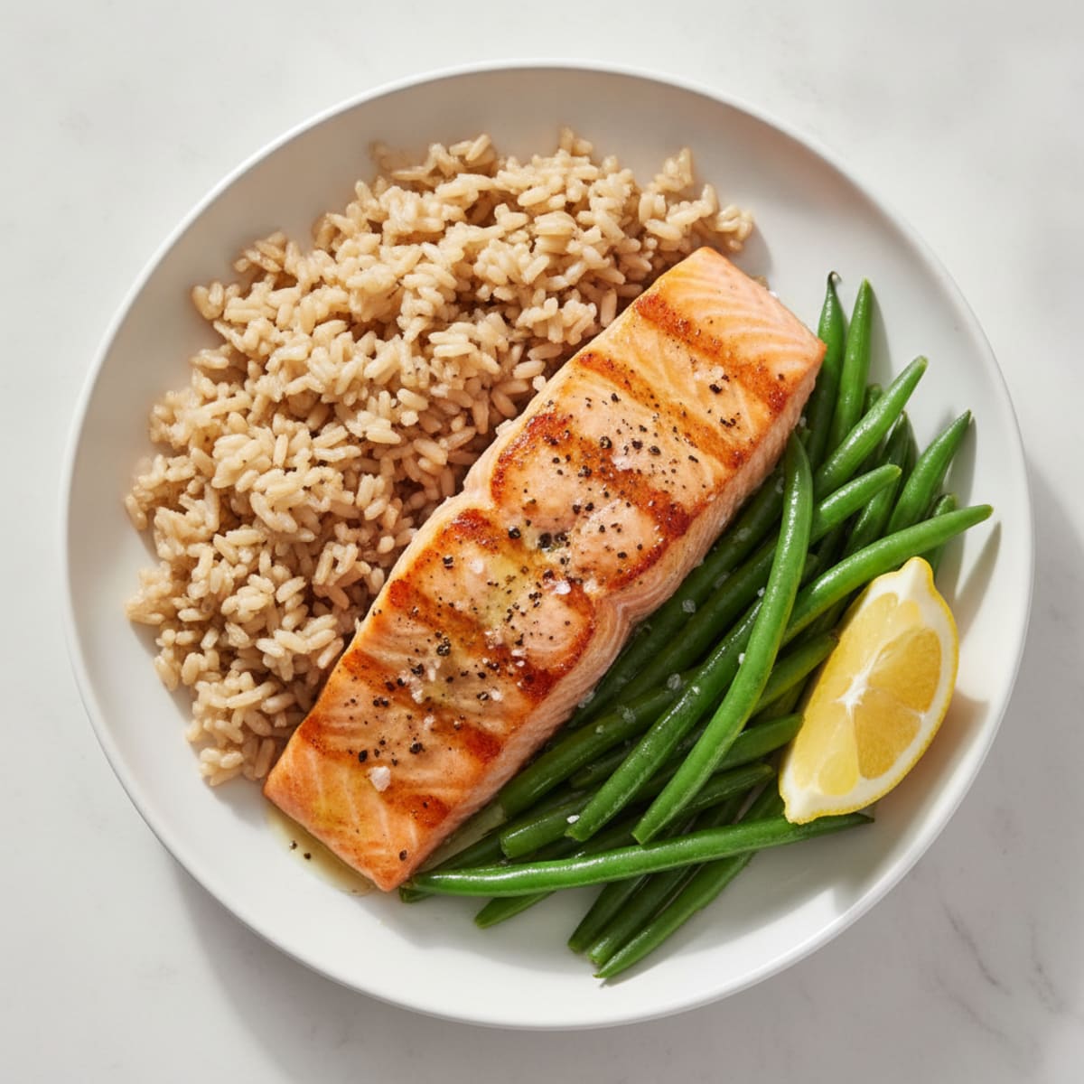 Seared Salmon with Steamed Green Beans and Brown Rice