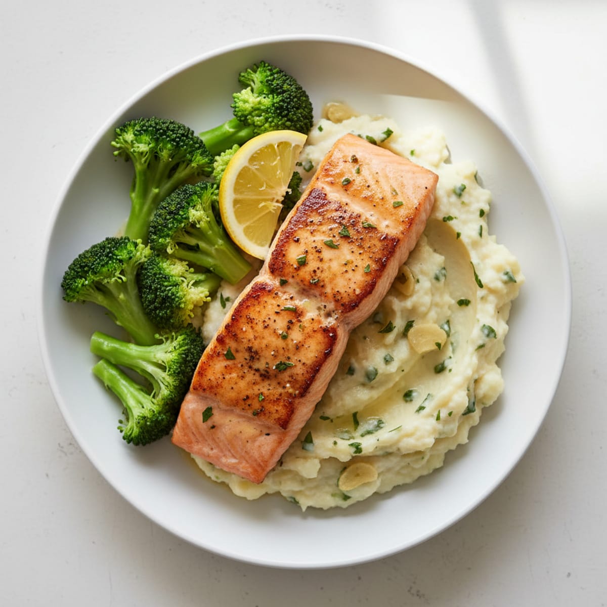 Seared Salmon with Steamed Broccoli and Garlic Cauliflower Mash