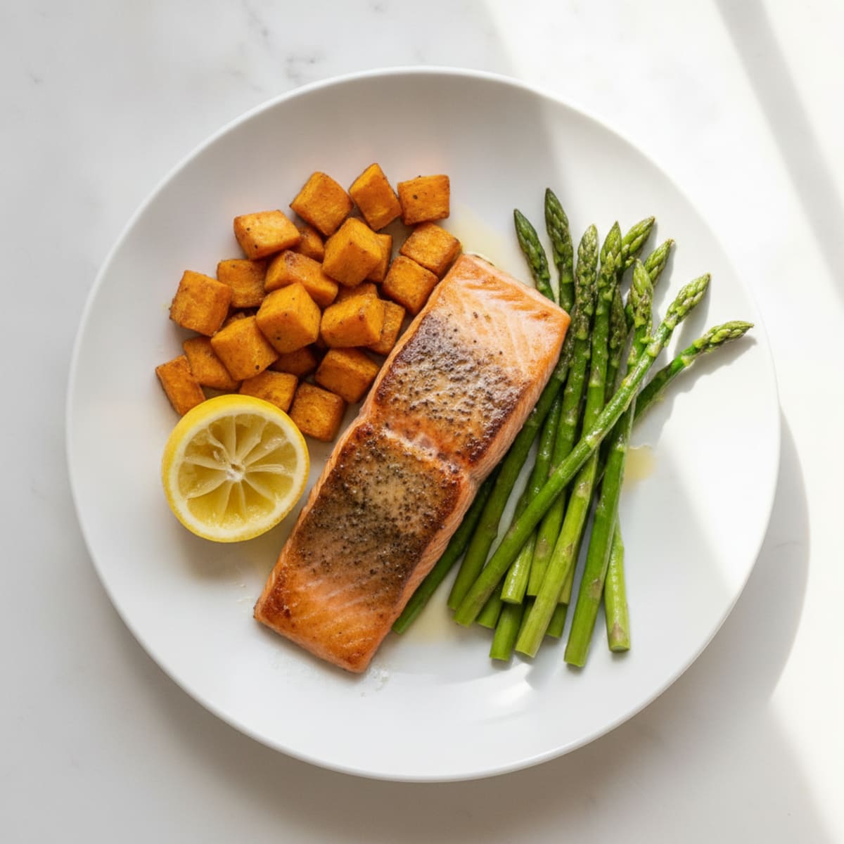Seared Salmon Fillet with Roasted Sweet Potatoes and Asparagus