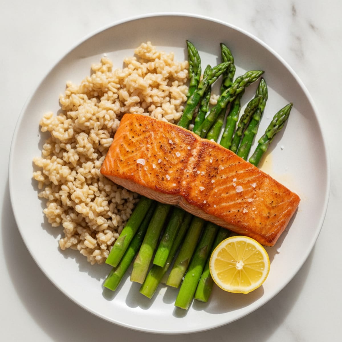 Seared Salmon Fillet with Steamed Asparagus and Brown Rice