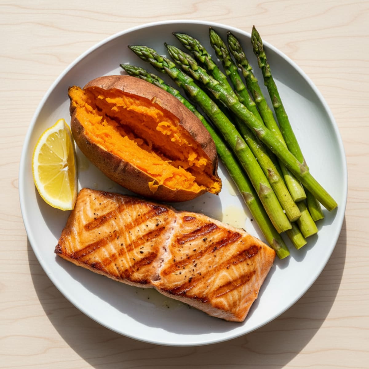 Grilled Salmon with Roasted Asparagus and Sweet Potato