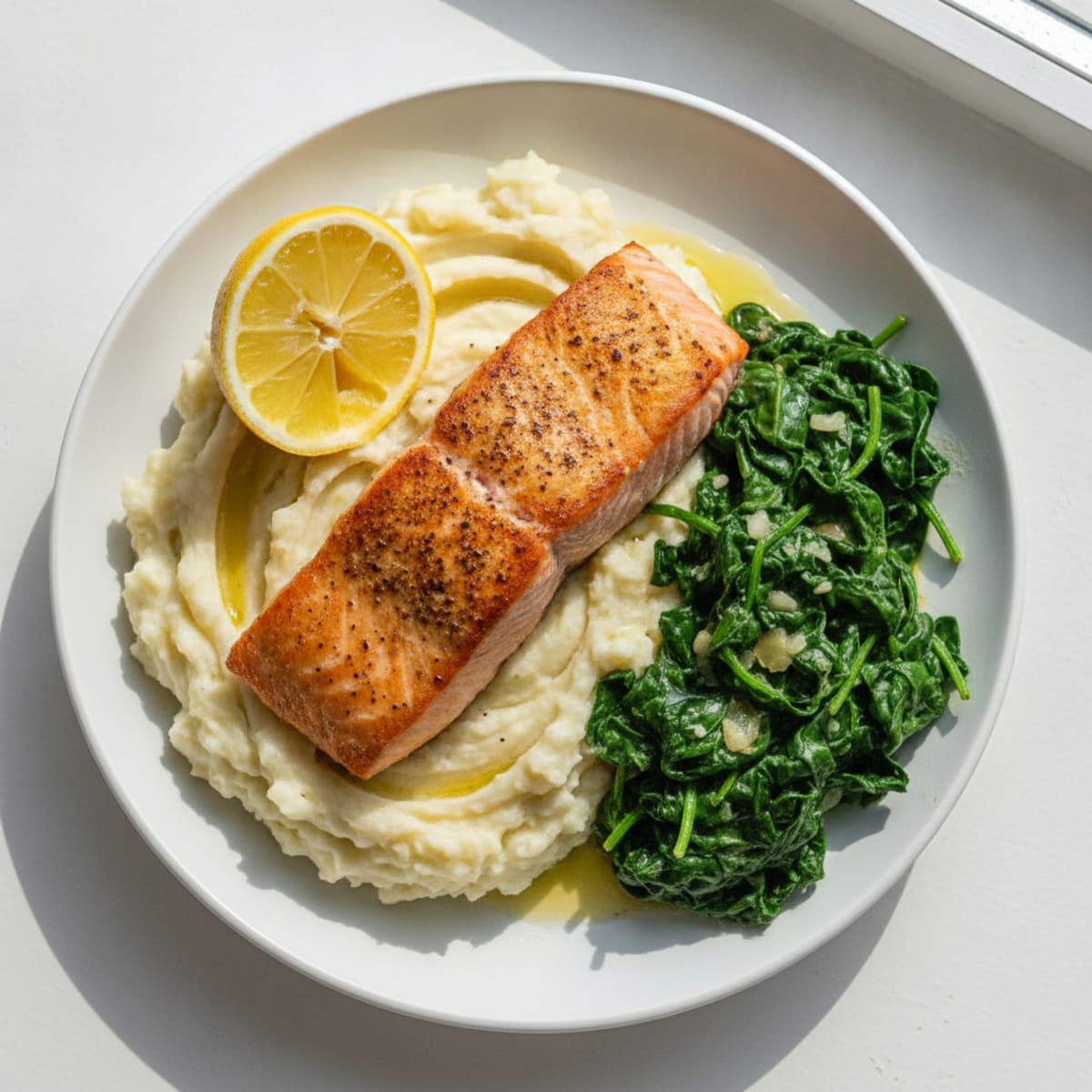 Pan Seared Salmon with Creamy Spinach and Garlic Mashed Potatoes