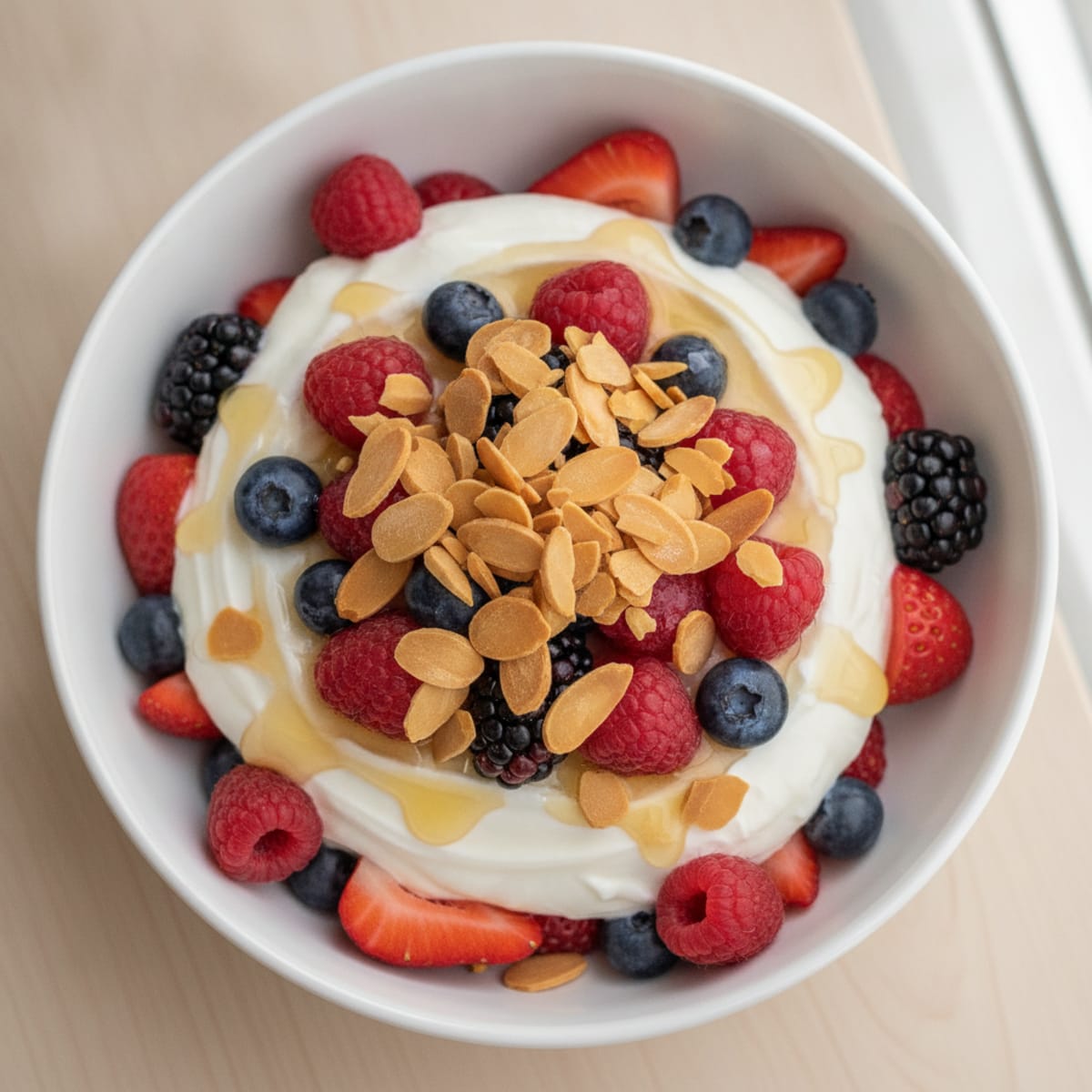 High-Protein Yogurt Parfait with Mixed Fruit and Almonds