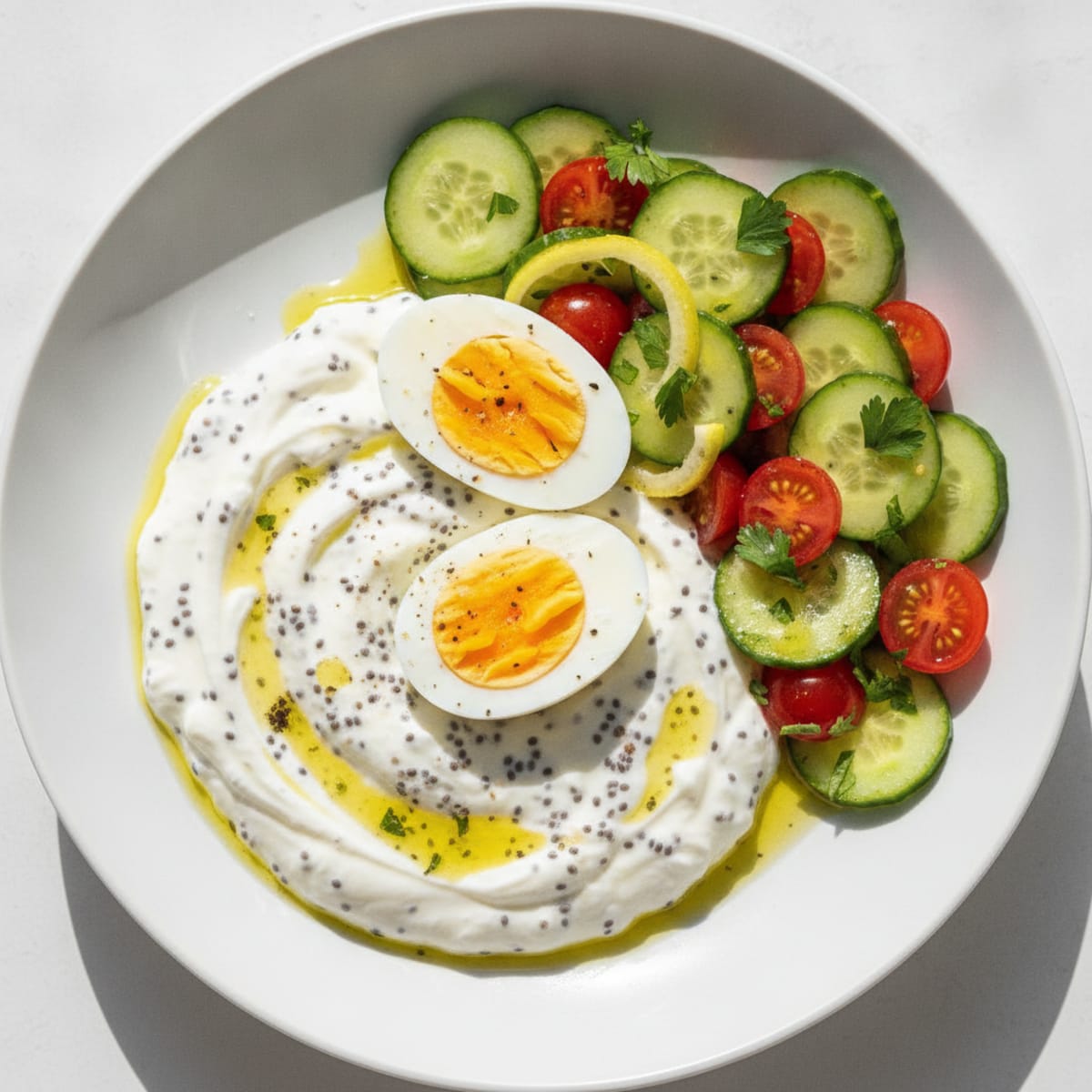Boiled Eggs with Chia Pudding and Cucumber Salad