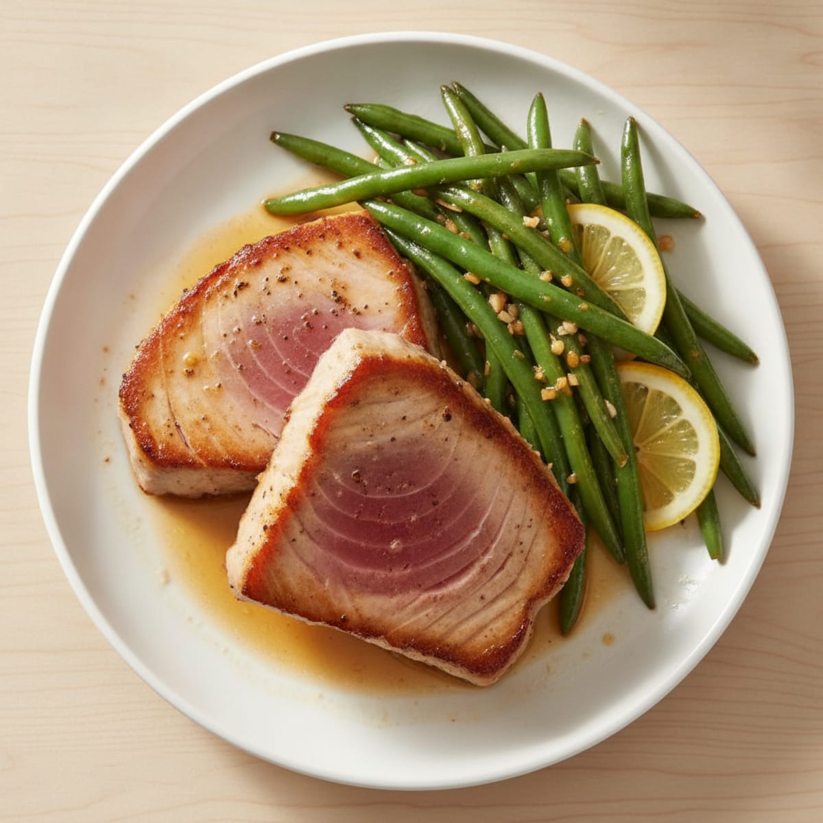 Seared Tuna Steak with Garlic Green Beans