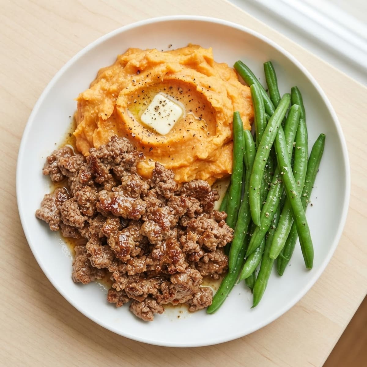 Seared Lean Ground Beef with Steamed Green Beans and Sweet Potato Mash