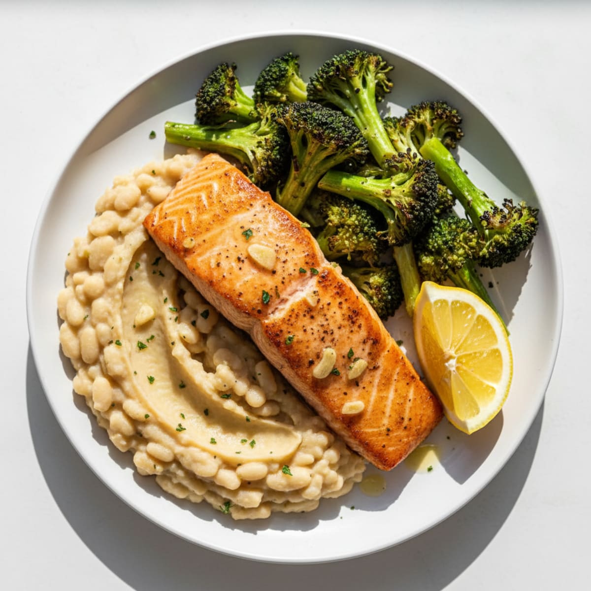 Seared Salmon with Roasted Broccoli and Garlic Mashed White Beans