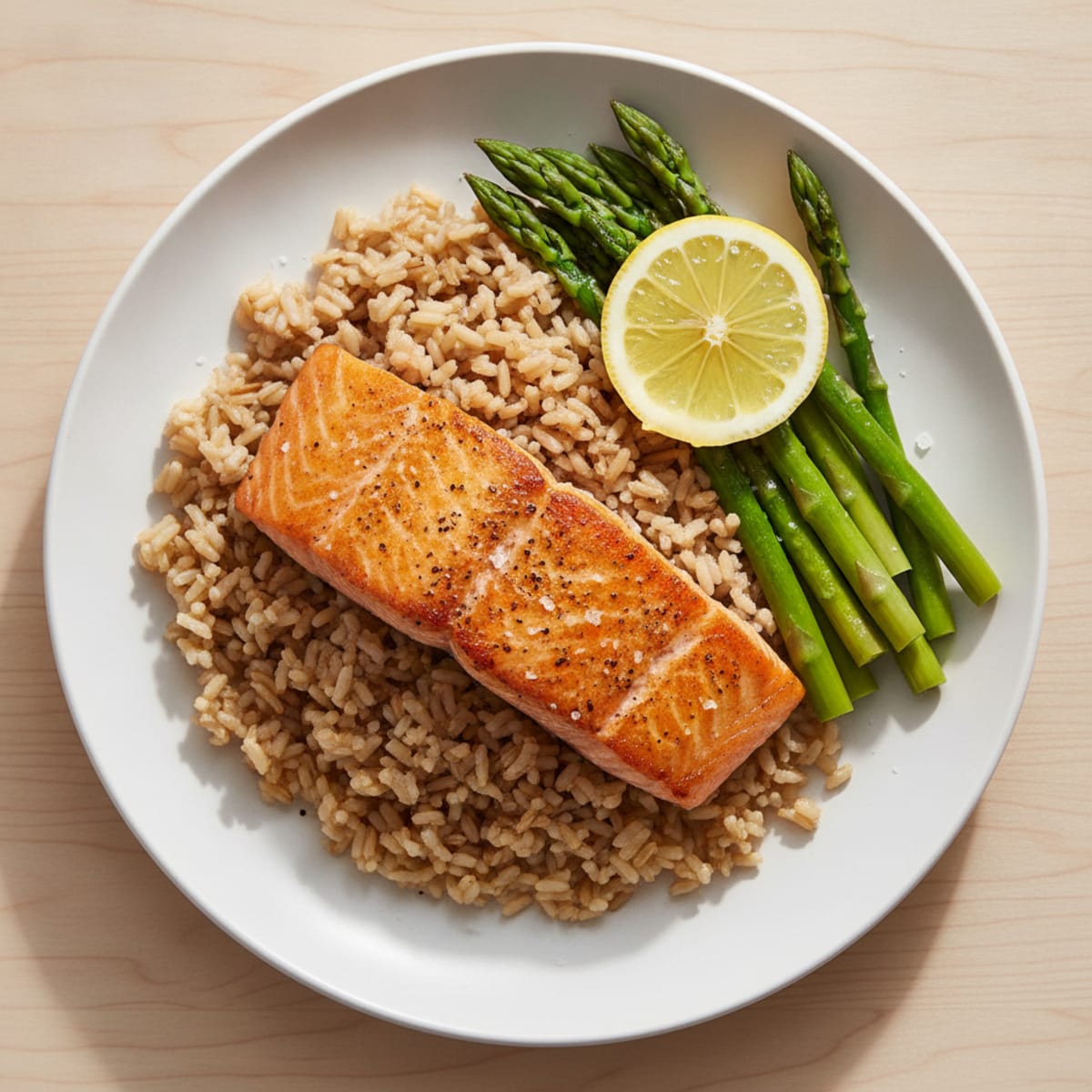 Seared Salmon with Steamed Asparagus and Brown Rice