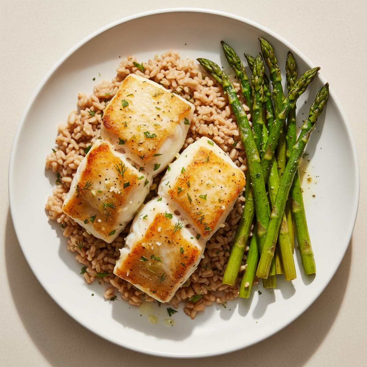 Baked Cod with Herbed Brown Rice and Roasted Asparagus