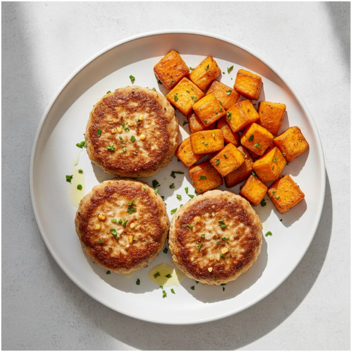 Seared Turkey Patties with Roasted Sweet Potatoes