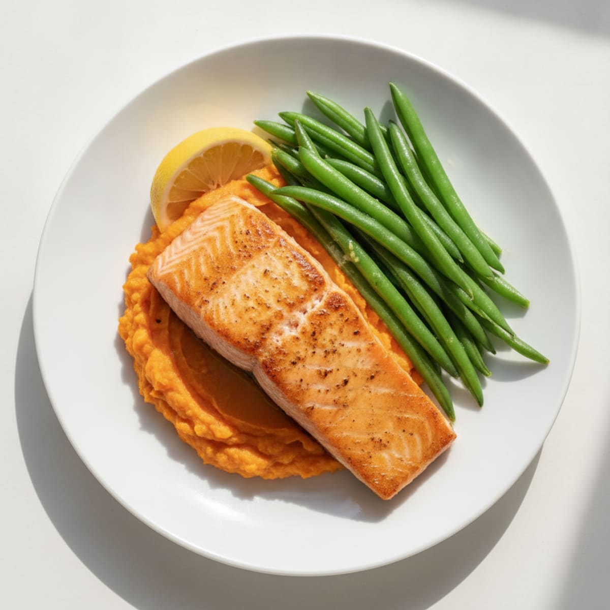 Seared Salmon with Steamed Green Beans and Sweet Potato Mash