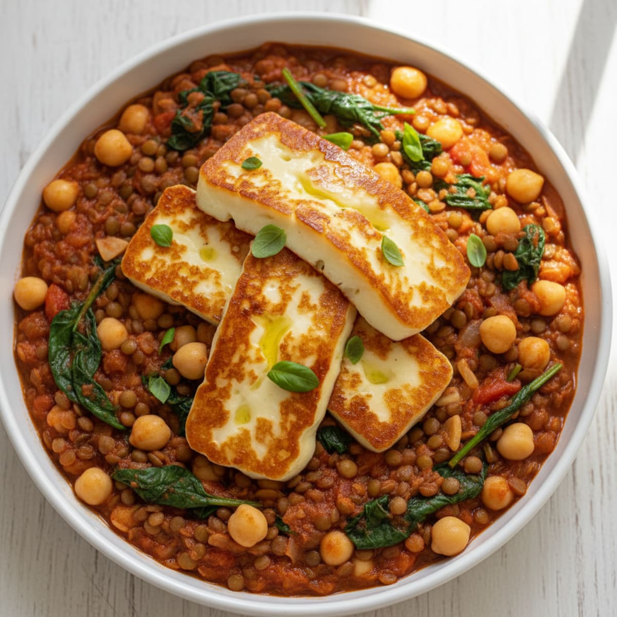 Lentil and Chickpea Stew with Wilted Spinach and Grilled Halloumi