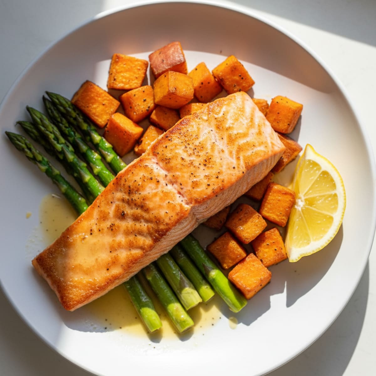 Seared Salmon Fillet with Roasted Sweet Potato and Asparagus