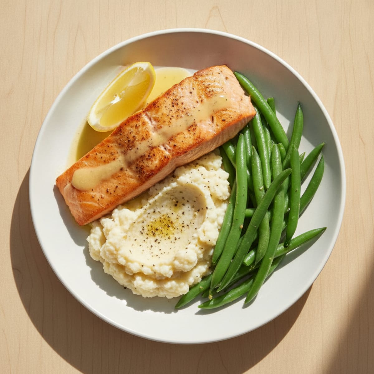 Seared Salmon with Steamed Green Beans and Cauliflower Mash
