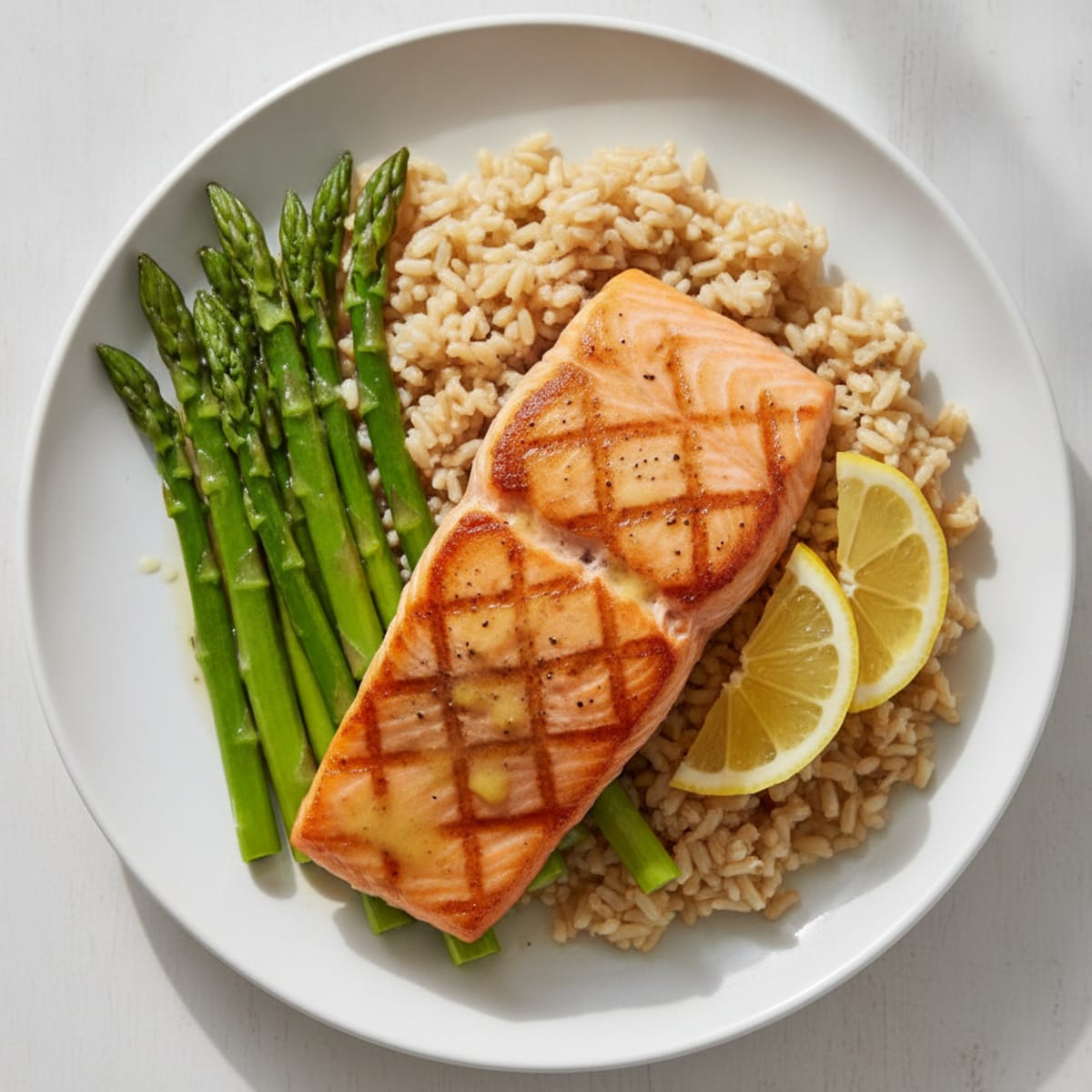 Seared Salmon Fillet with Steamed Asparagus and Brown Rice