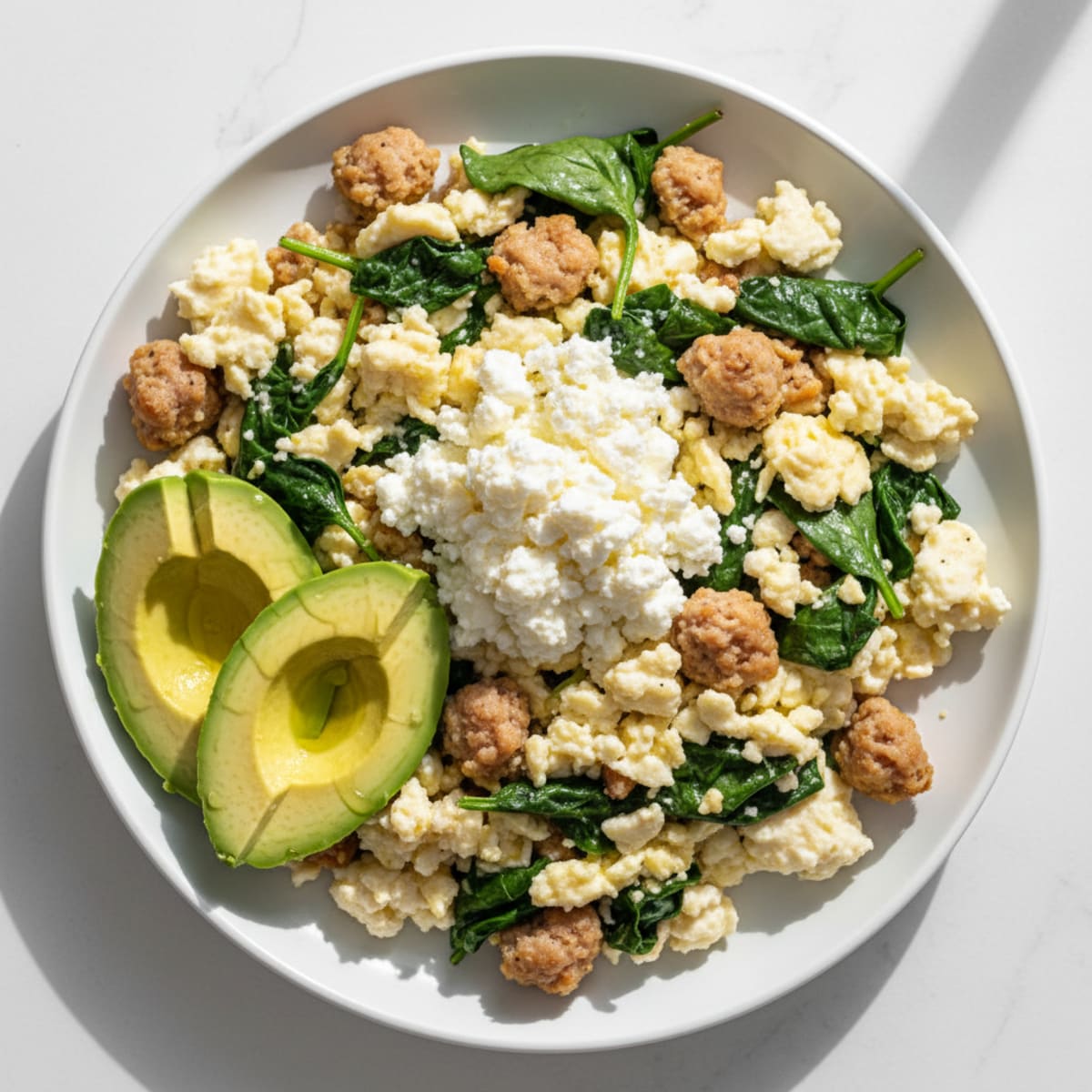 Egg White and Turkey Sausage Scramble with Spinach and Cottage Cheese