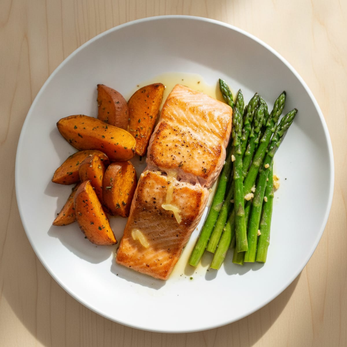 Seared Salmon Fillet with Roasted Sweet Potatoes and Asparagus