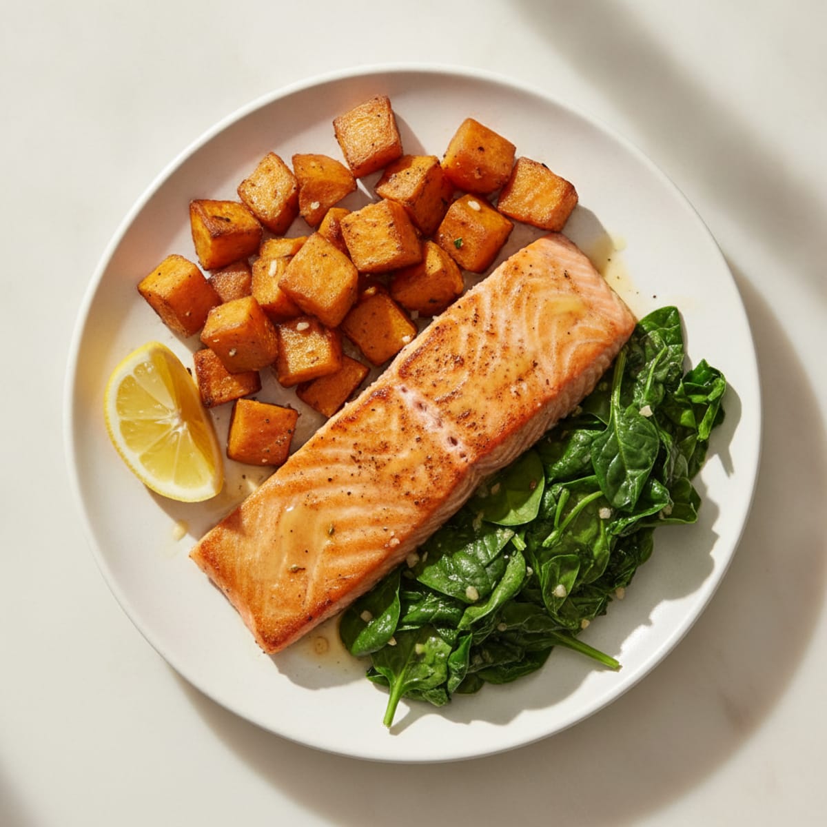 Seared Salmon Fillet with Roasted Sweet Potatoes and Wilted Spinach