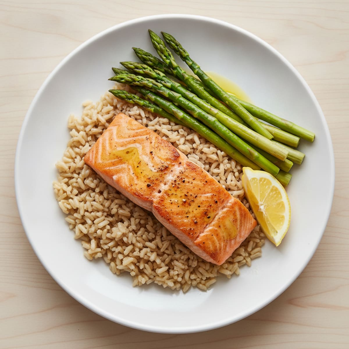 Seared Salmon Fillet with Steamed Asparagus and Brown Rice