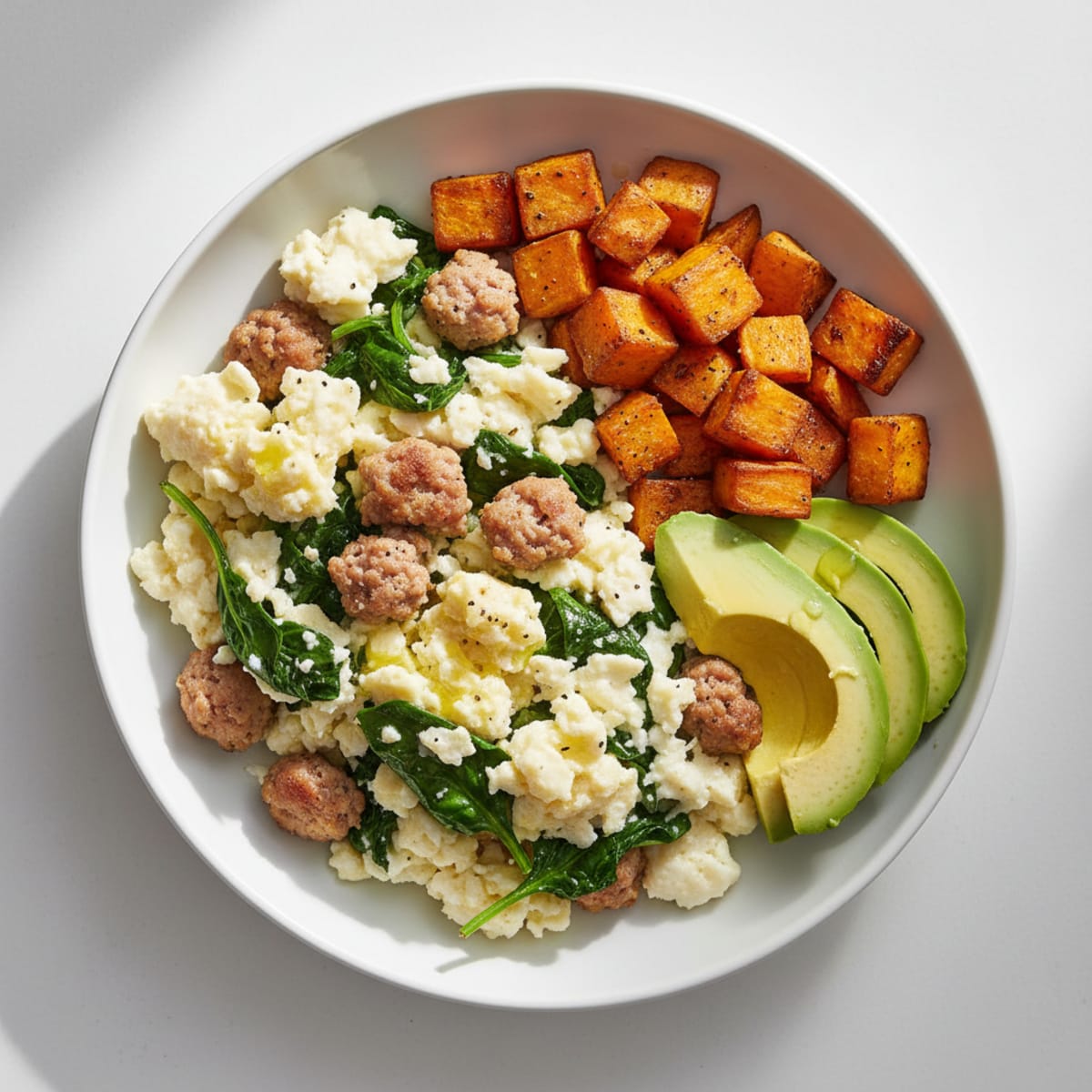 Egg White Scramble with Turkey Sausage and Sautéed Spinach