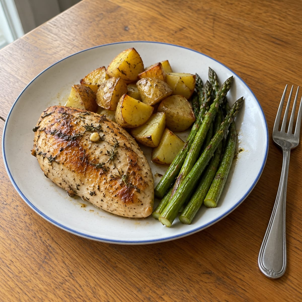 Roasted chicken with asparagus and potatoes
