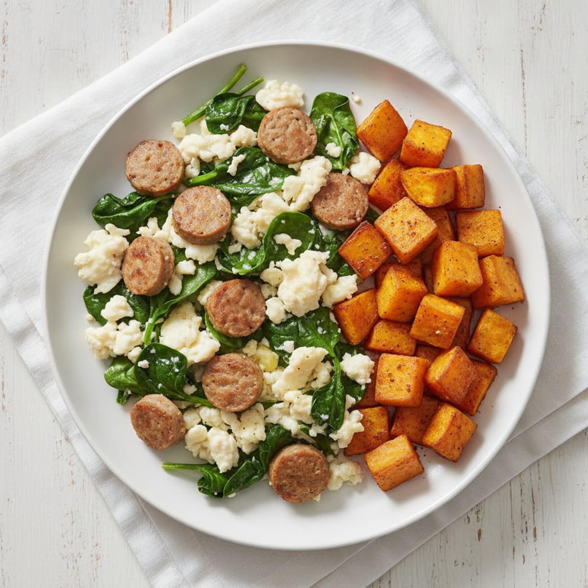 Egg White and Turkey Sausage Scramble with Spinach and Roasted Sweet Potatoes