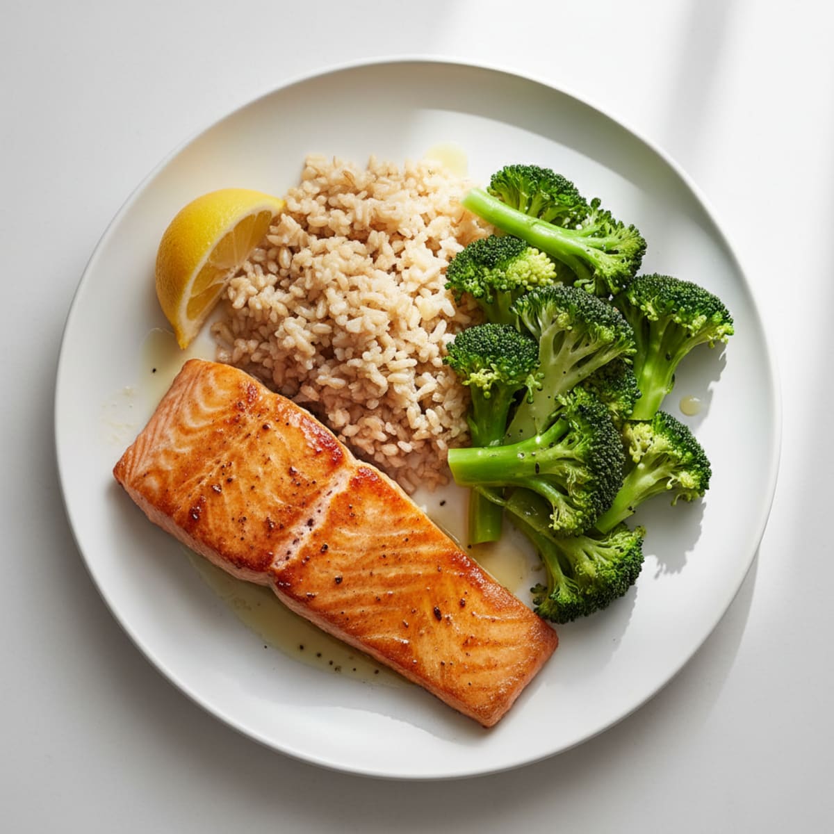 Seared Salmon with Steamed Broccoli and Brown Rice