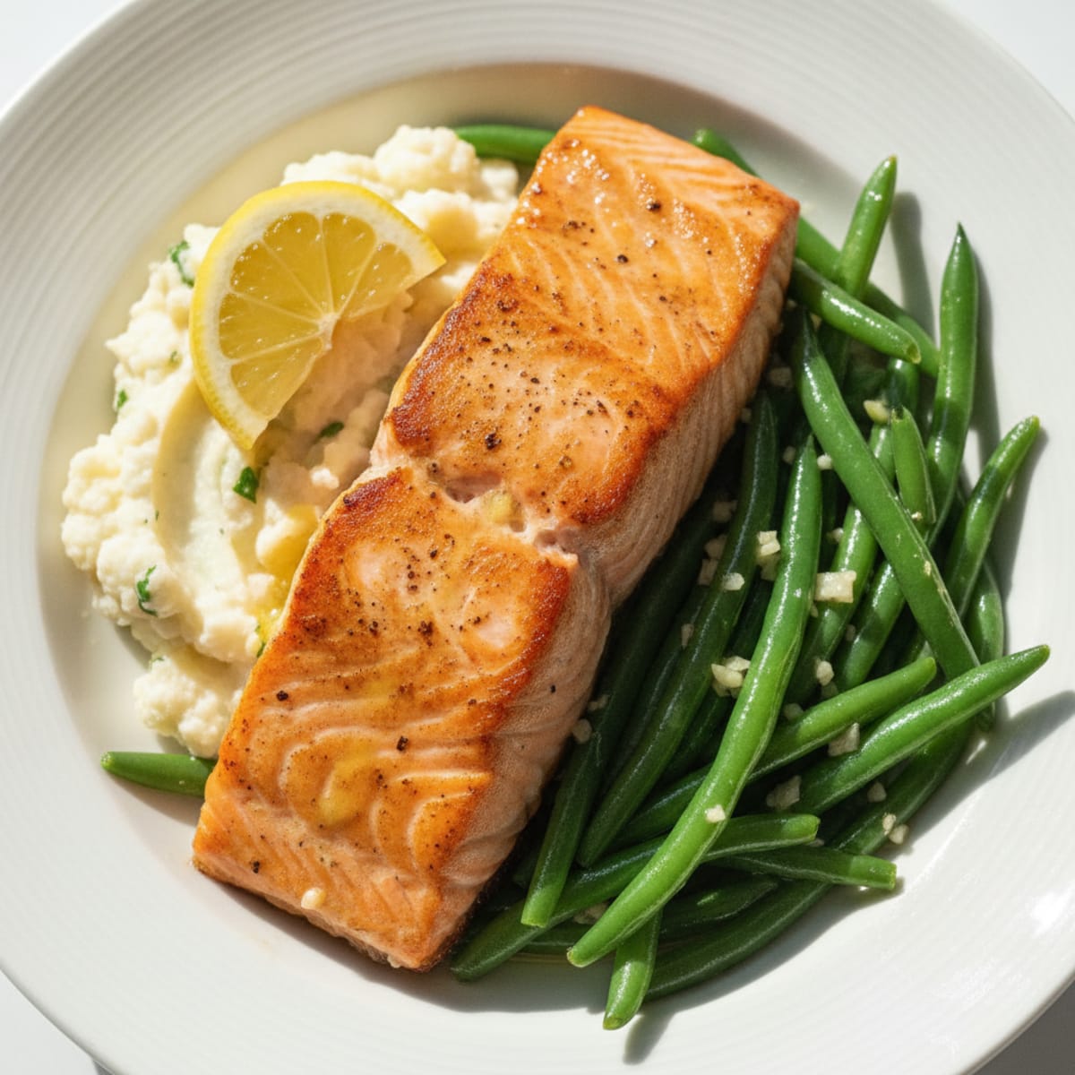 Seared Salmon with Garlic Green Beans and Mashed Cauliflower