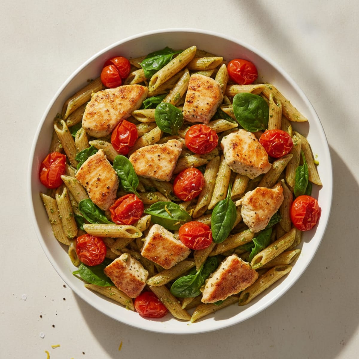 Pesto Chicken Pasta with Blistered Tomatoes