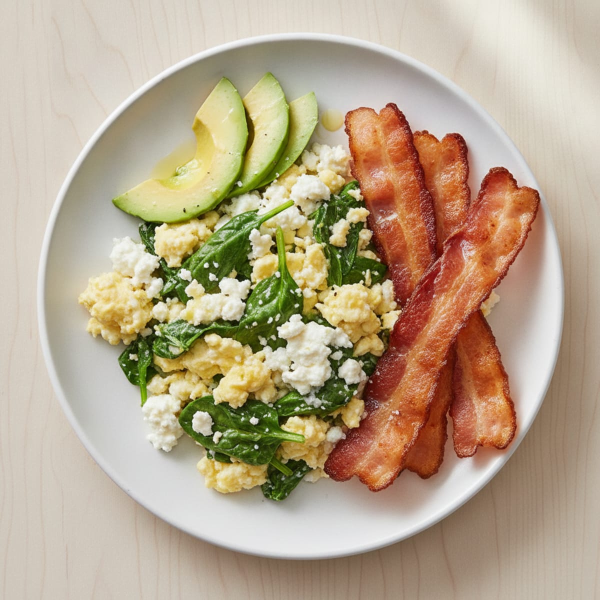 Cottage Cheese Egg Scramble with Spinach and Turkey Bacon