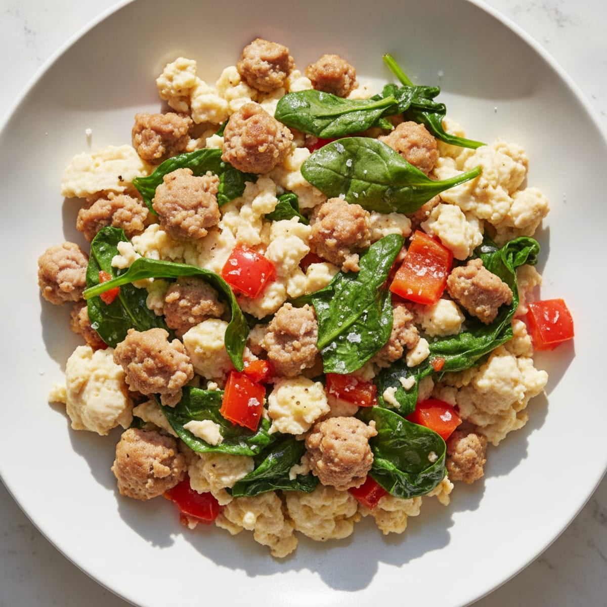 Egg White and Turkey Sausage Scramble with Sautéed Spinach