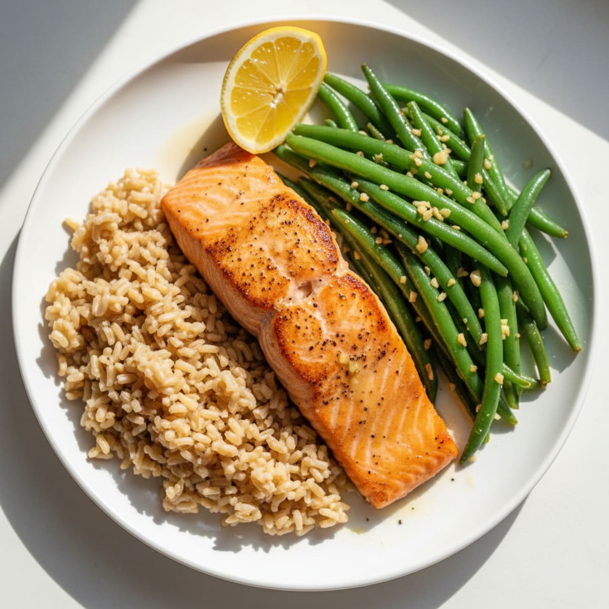 Seared Salmon with Garlic Green Beans and Brown Rice