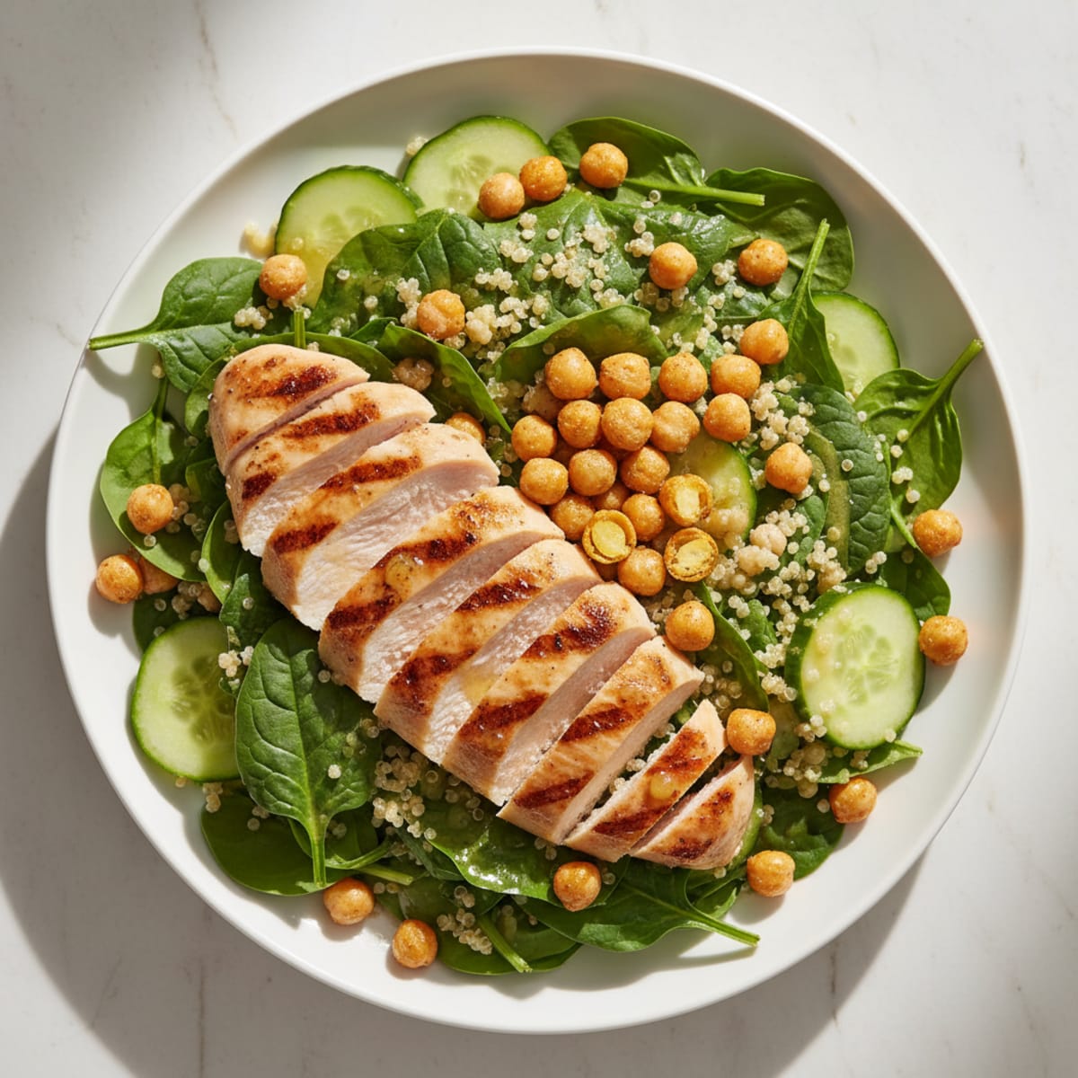 Grilled Chicken Spinach Salad with Quinoa and Roasted Chickpeas