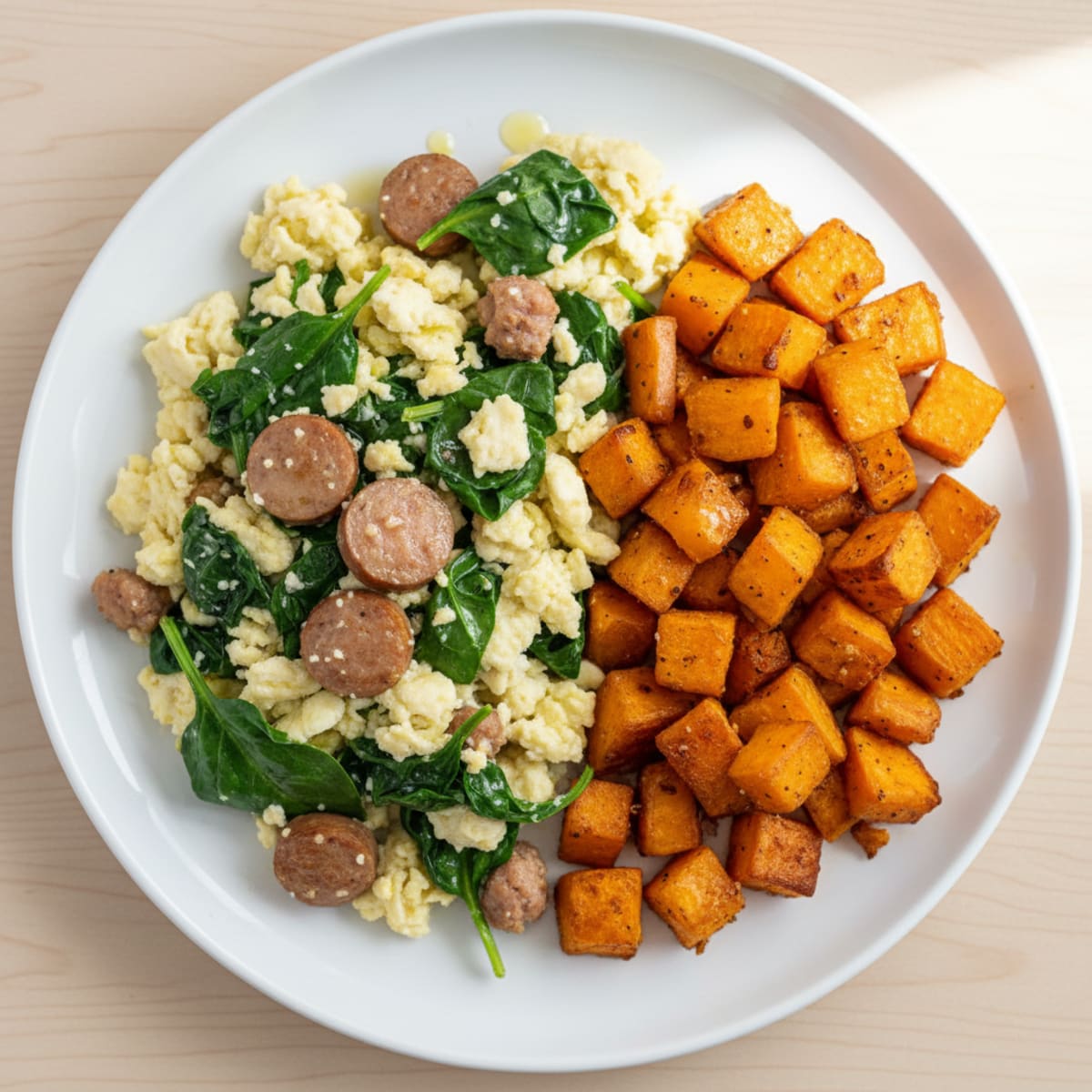Egg White and Turkey Sausage Scramble with Spinach and Roasted Sweet Potato