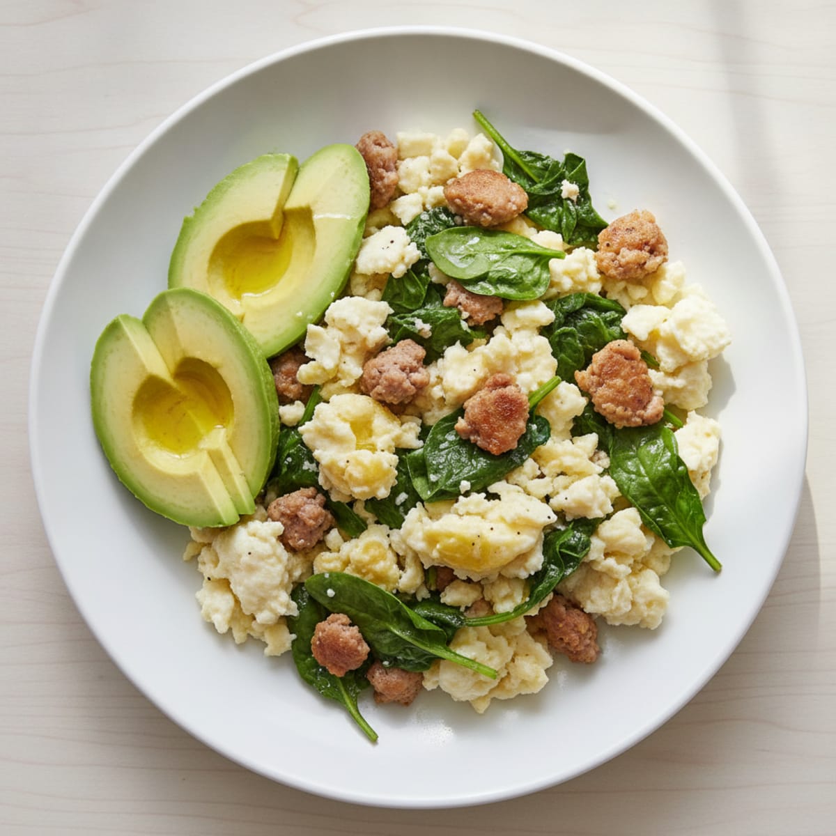 Egg White Scramble with Turkey Sausage and Sautéed Spinach