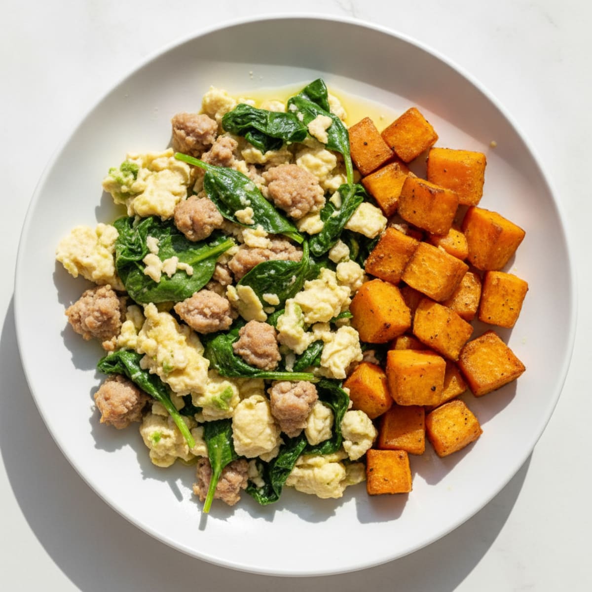 Egg White and Turkey Sausage Scramble with Spinach and Roasted Sweet Potatoes